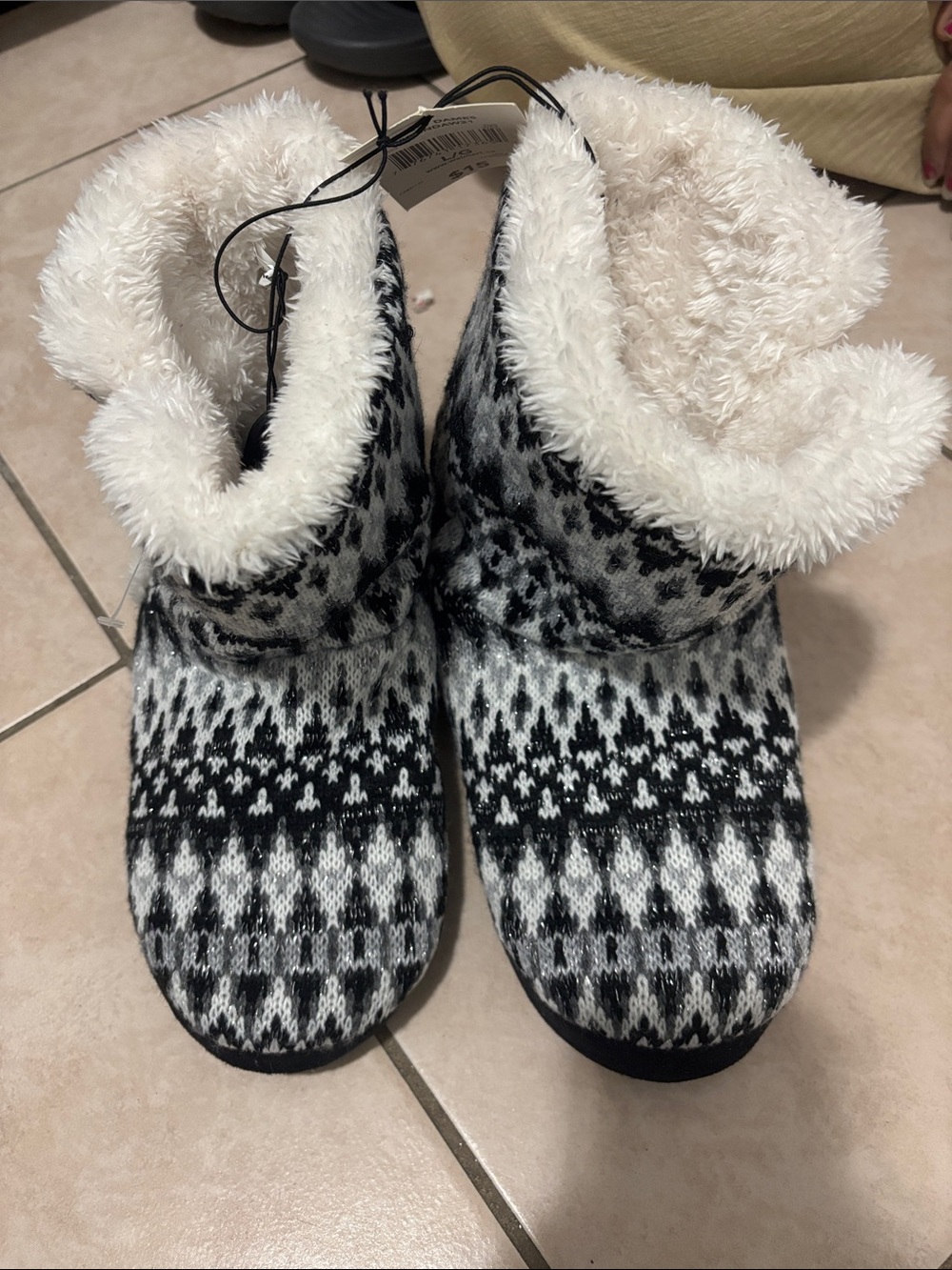 George Black & White Patterned Faux-Fur Lined Boot Slippers